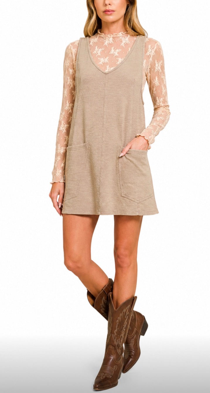 Washed slub adjustable strap overall dress